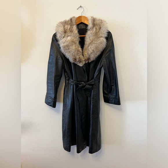 Leather Trench Coat with Fur Trim — Vintage - Picture 1 of 5